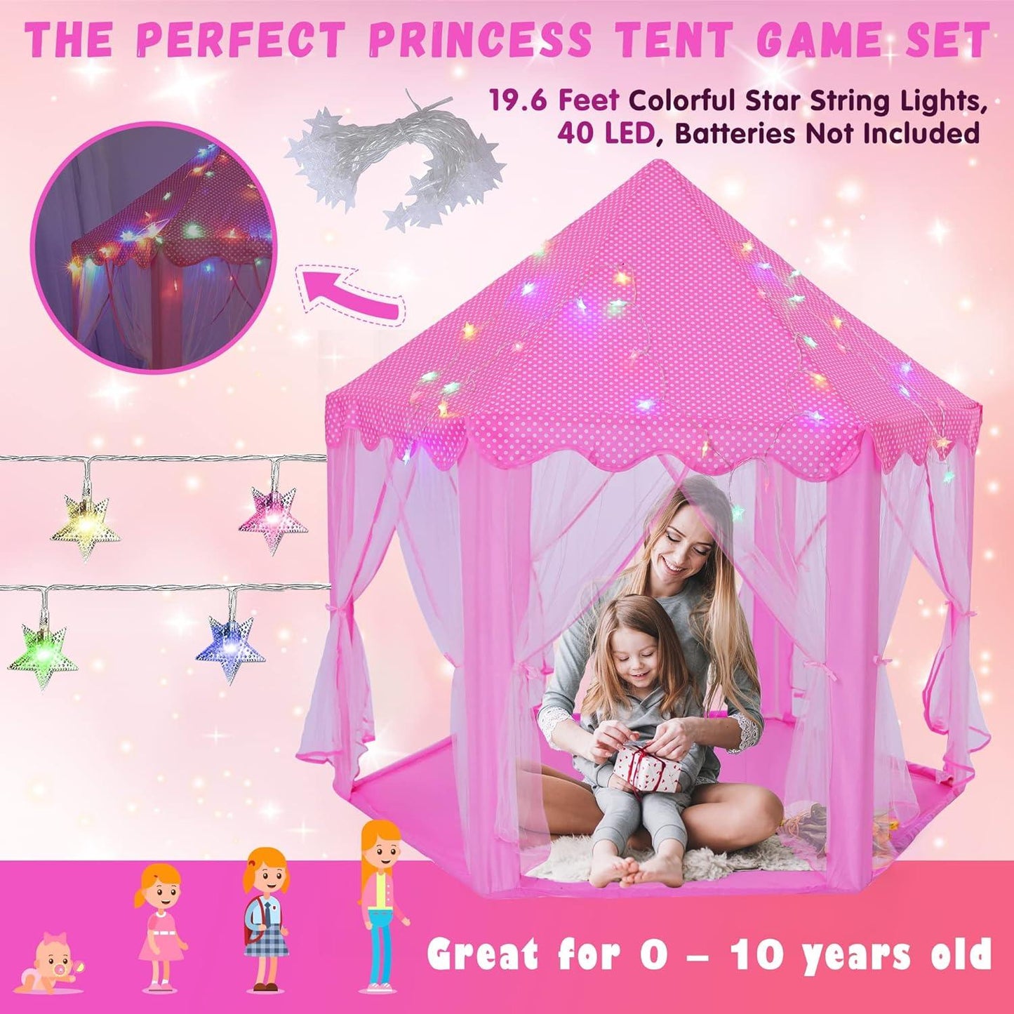 Princess Castle Play Tent with Star Lights for Girls