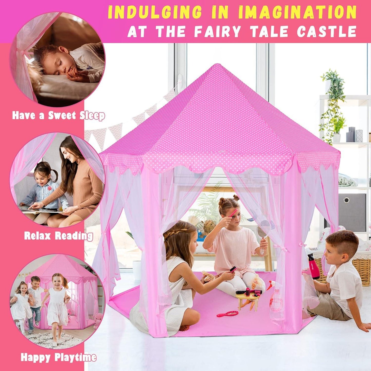 Princess Castle Play Tent with Star Lights for Girls