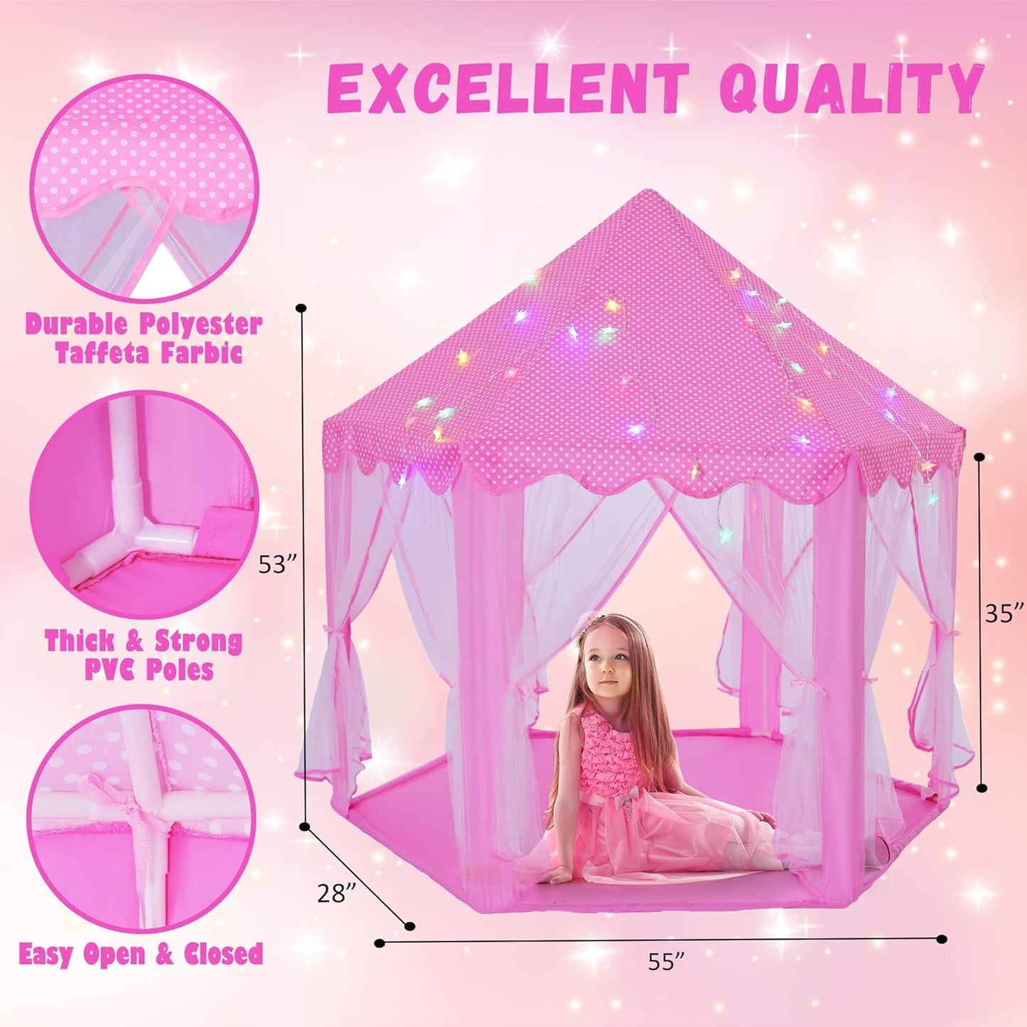 Princess Castle Play Tent with Star Lights for Girls