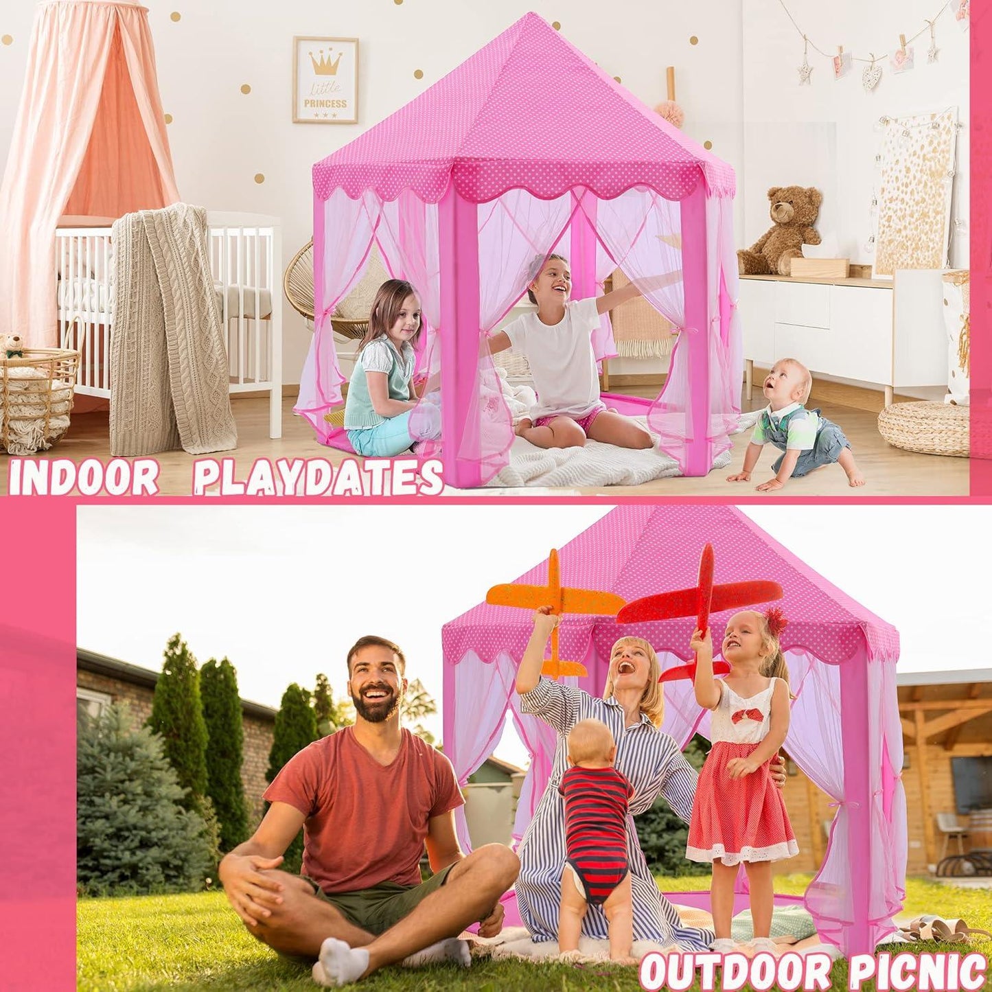 Princess Castle Play Tent with Star Lights for Girls