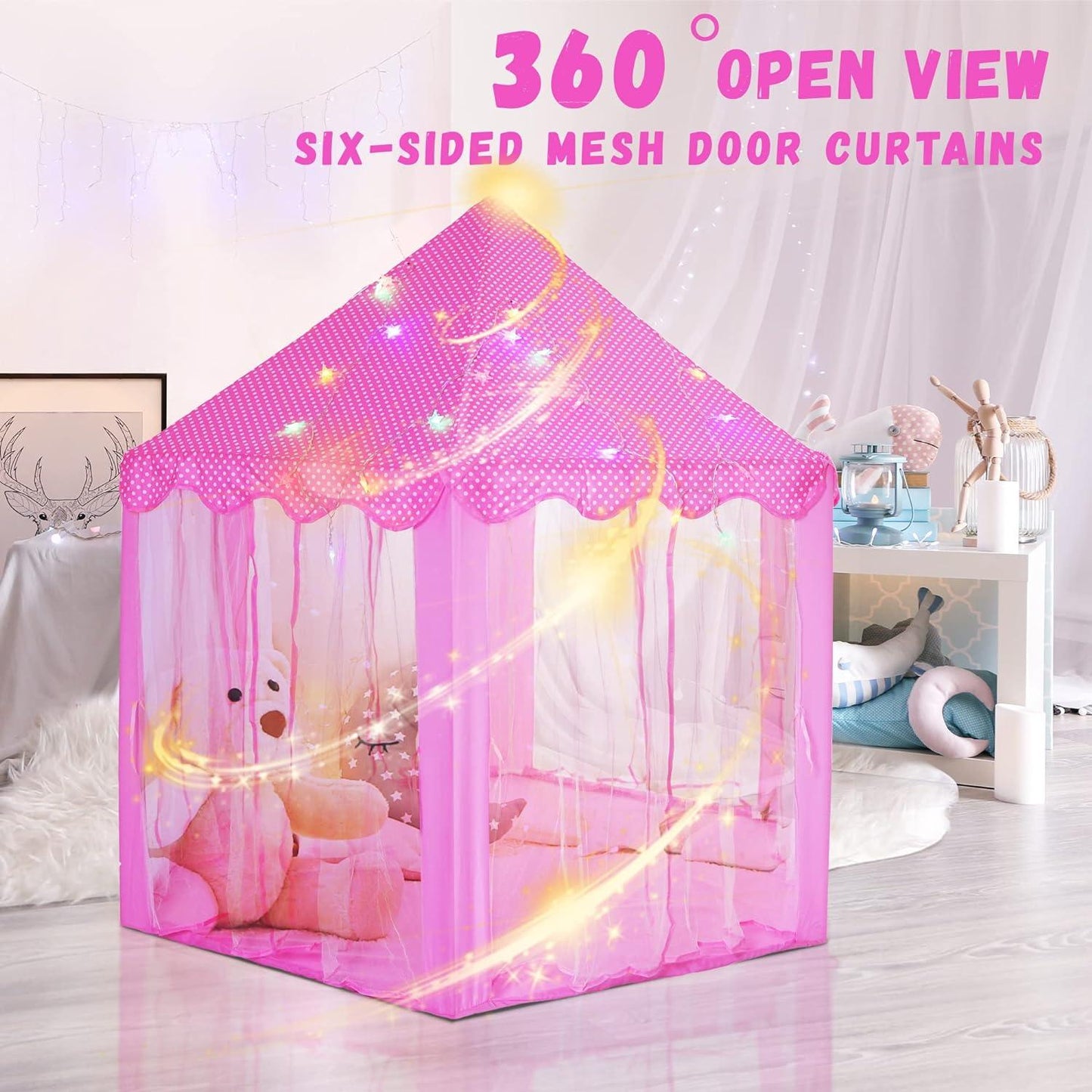 Princess Castle Play Tent with Star Lights for Girls